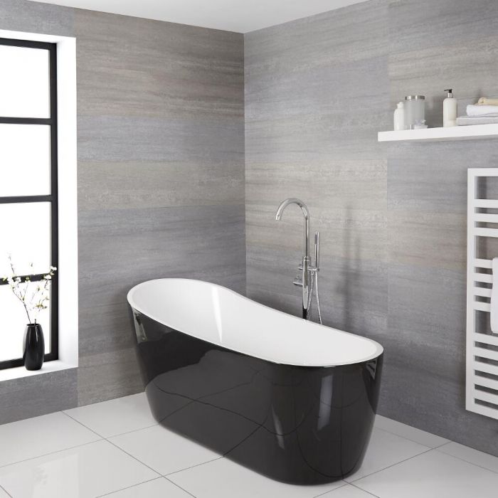 Bañera Acrílica Exenta de estilo Moderno en color Blanco y Negro. Bañera Exenta Asimétrica.