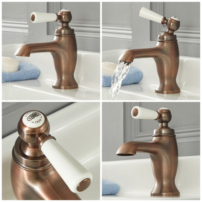 Grifo par lavabo monoforo Grifo en monobloque en color bronce con manija blanca.